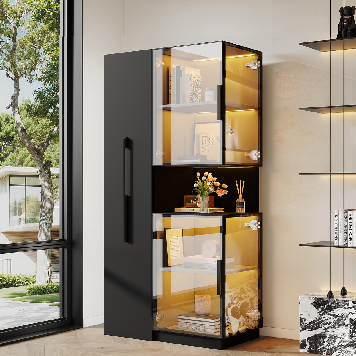 VITRINE LED Glasvitrine Ausziehregal Hochschrank 160cm Weiß - Schwarz, Glas (70/160/38cm) - FLIEKS