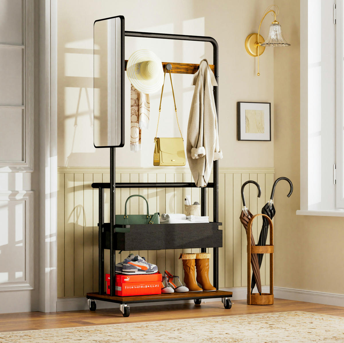 STANDGARDEROBE 70/40/170 cm mit Spiegel, Kleiderstange und Rollen - Schwarz, Holzwerkstoff (70/170/40cm) - BEAOK