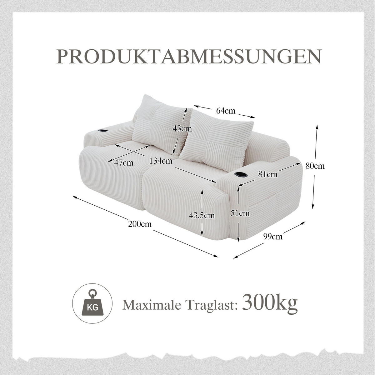 2-SITZER Sofa Cord mit Getränkehalter und Seitentasche 200/99/80 cm Beige - Beige, Textil (99/80/200cm) - Redom
