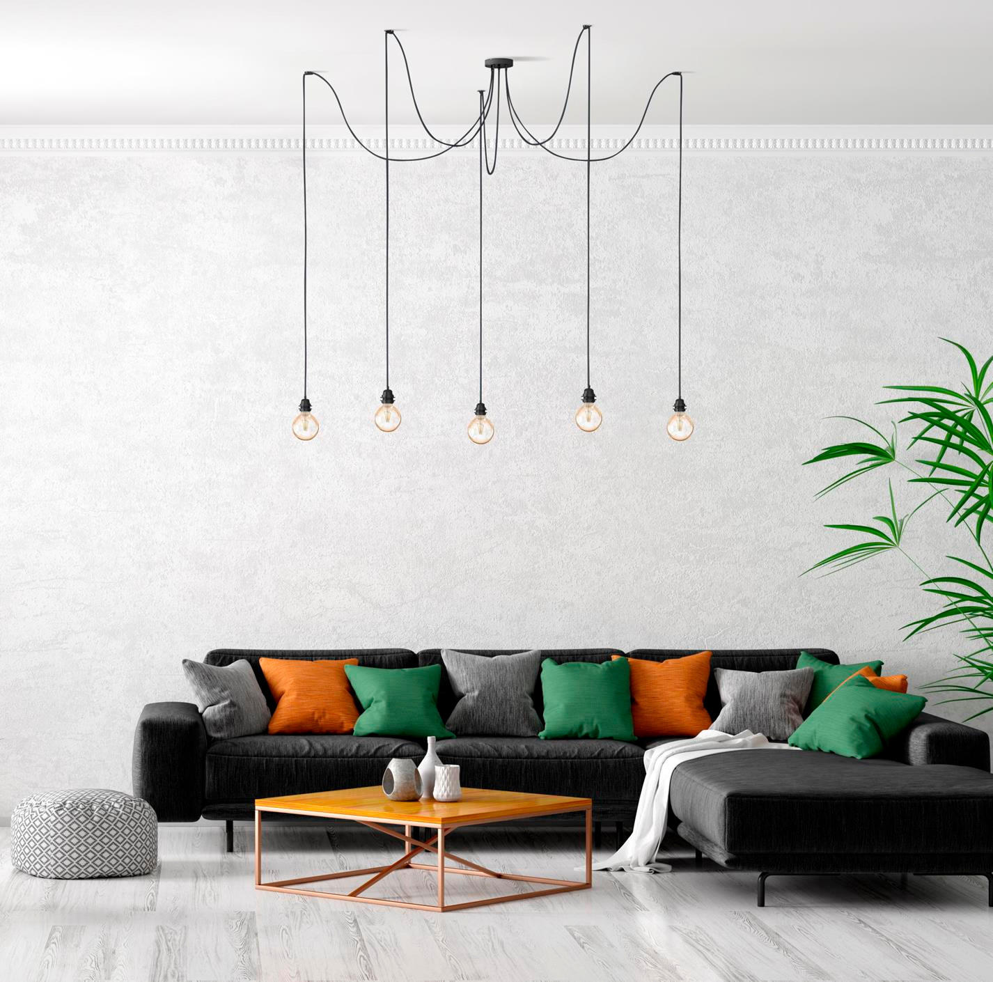 PENDELLEUCHTE Hang 5 Flammig Retro - Schwarz, Naturmaterialien (350/1/350cm) - HOOPZI