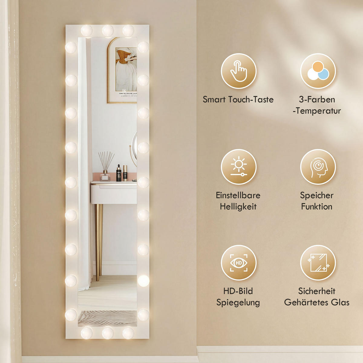 STANDSPIEGEL DE-09886 LED mit 24 Glühbirnen, 3 Lichtfarben Weiß - Weiß, Glas (40/150/4cm) - ComfortXL