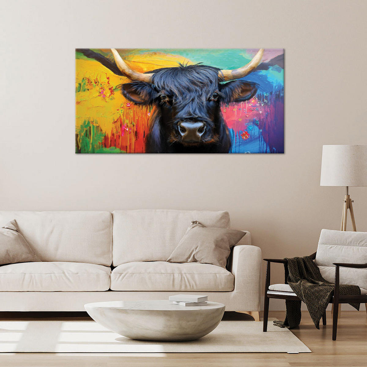 LEINWANDBILD Abstrakte schottische Kuh auf farbigem Hintergrund 100x50cm - Multicolor, Textil (100/50cm) - Feeby