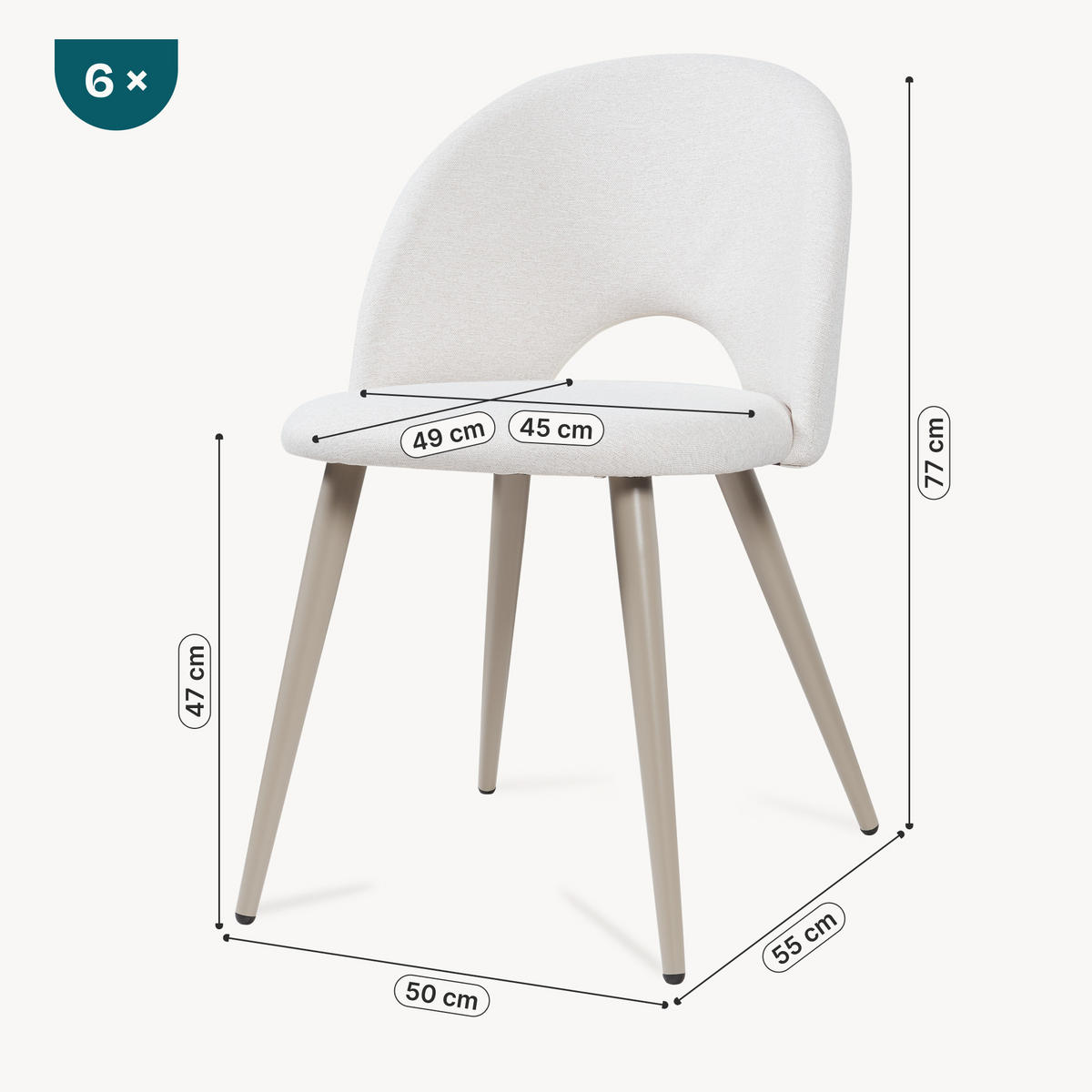 SADA JÍDELNÍCH ŽIDLÍ 6 KS Karijoki - béžová, kov/textil (50/77/55cm) - [en.casa]