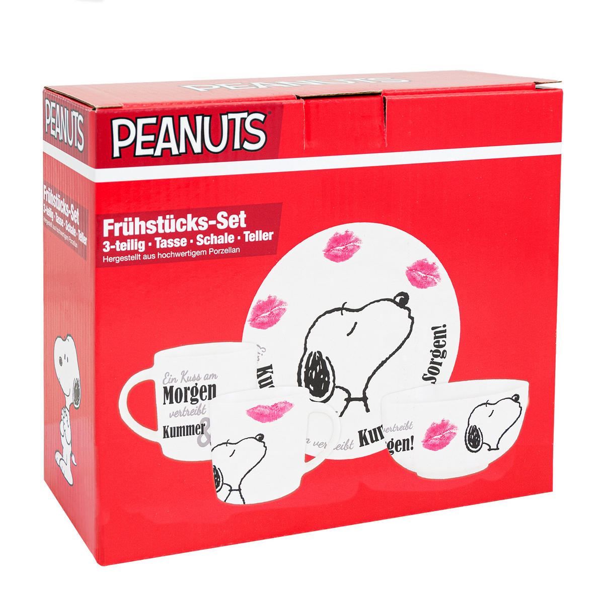 FRÜHSTÜCKSSET The Peanuts Snoopy Ein Kuss am Morgen, vertreibt Kummer & Sorgen! Weiß 3-teilig - Multicolor, Keramik (23.8/11.2/23.3cm) - United Labels