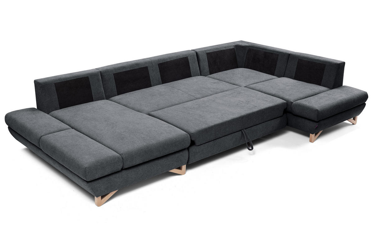 WOHNLANDSCHAFT CASA IV R-S Anthrazit Plüsch-Stoff mit Schlaffunktion - Anthrazit, Holz (344/100/199cm) - MASSENO