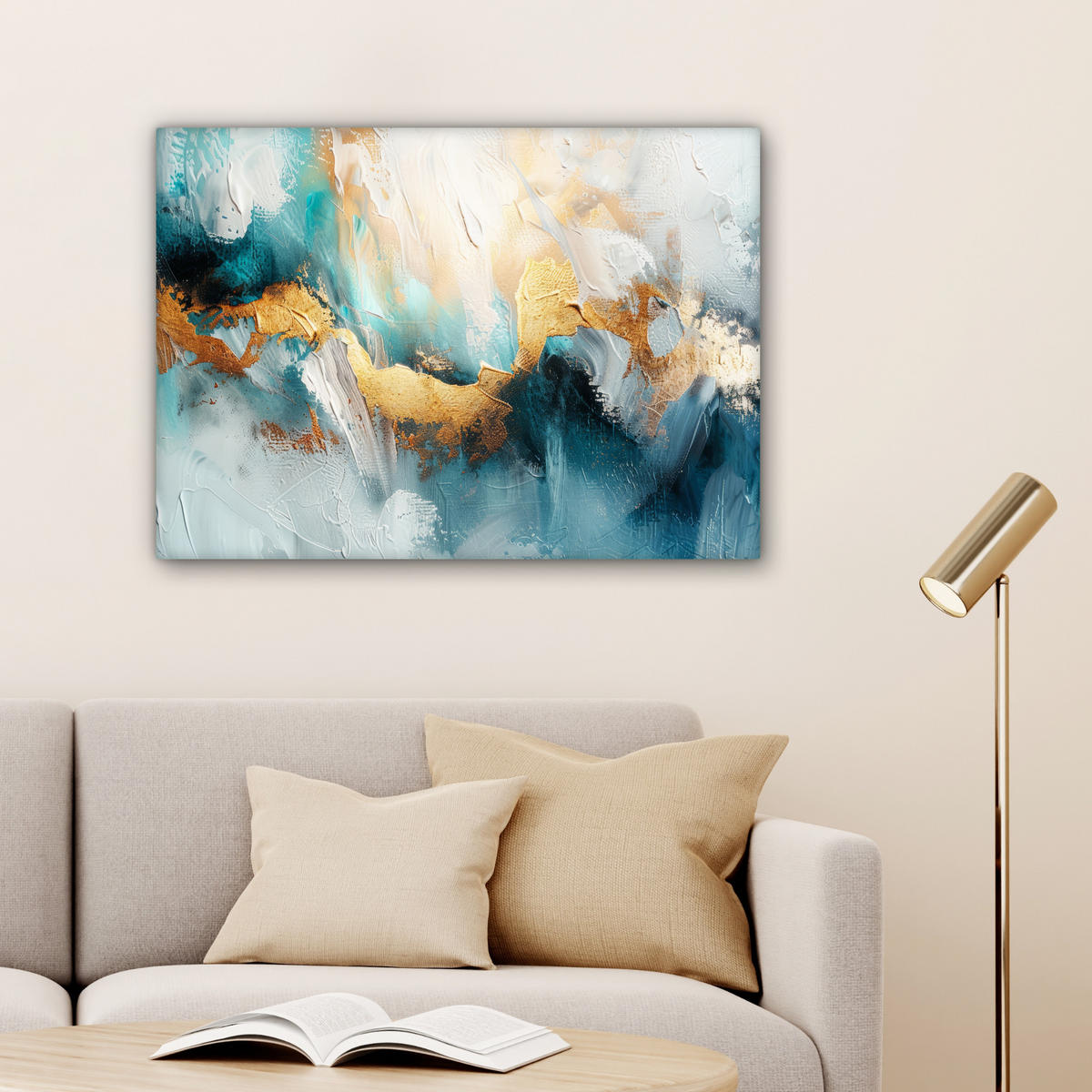 LEINWANDBILD Abstrakt - Kunst - Gold - Blau Wandbilder 80x60 cm - Petrol, Textil (80/60cm) - MuchoWow