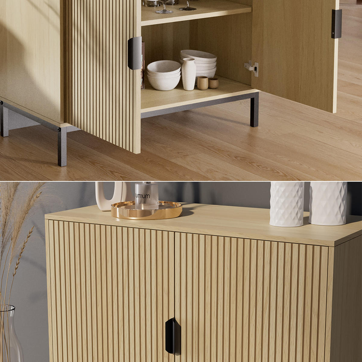 KOMMODE Lennox Eiche 80 x 45 cm mit 2 Türen - Eichefarben/Schwarz, Holzwerkstoff (80/45/50cm) - Vicco