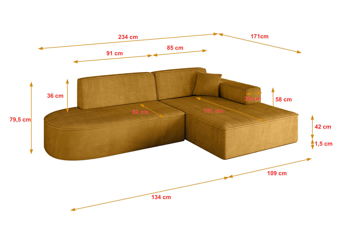 ECKSOFA Ottomane Rechts IREA-L1-v4 - 234x171x79 cm Senfgelb - Grün, Holzwerkstoff/Textil (171/234cm) - ALTDECOR