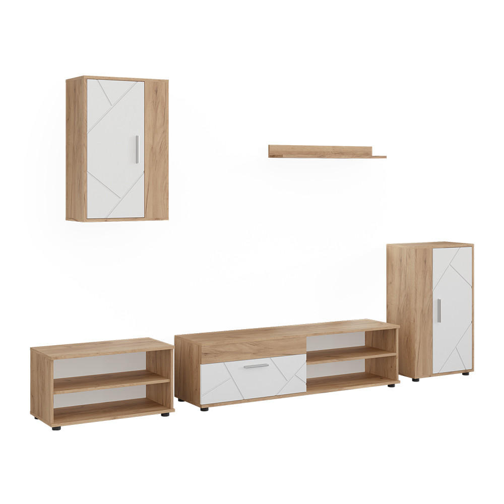 WOHNWAND Berno, Goldkraft Eiche/Weiß, 5-teiliges Set - Honigeiche/Weiß, Holzwerkstoff (140/38.7/35.2cm) - Vicco