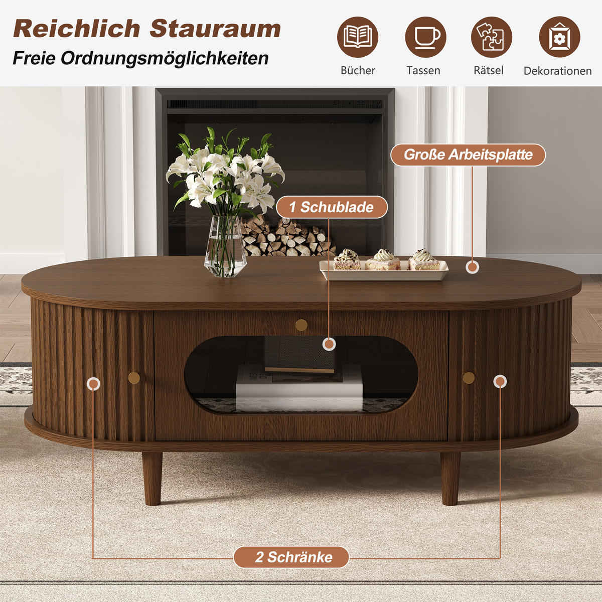 COUCHTISCH in Naturfarben Sofatisch mit Schublade und Rolltür, Sofa- und Beistelltisch mit 4 Stützbeinen, B100/T50/H36cm - Naturfarben, Glas/Holzwerkstoff (50/100/36cm) - STILVORA