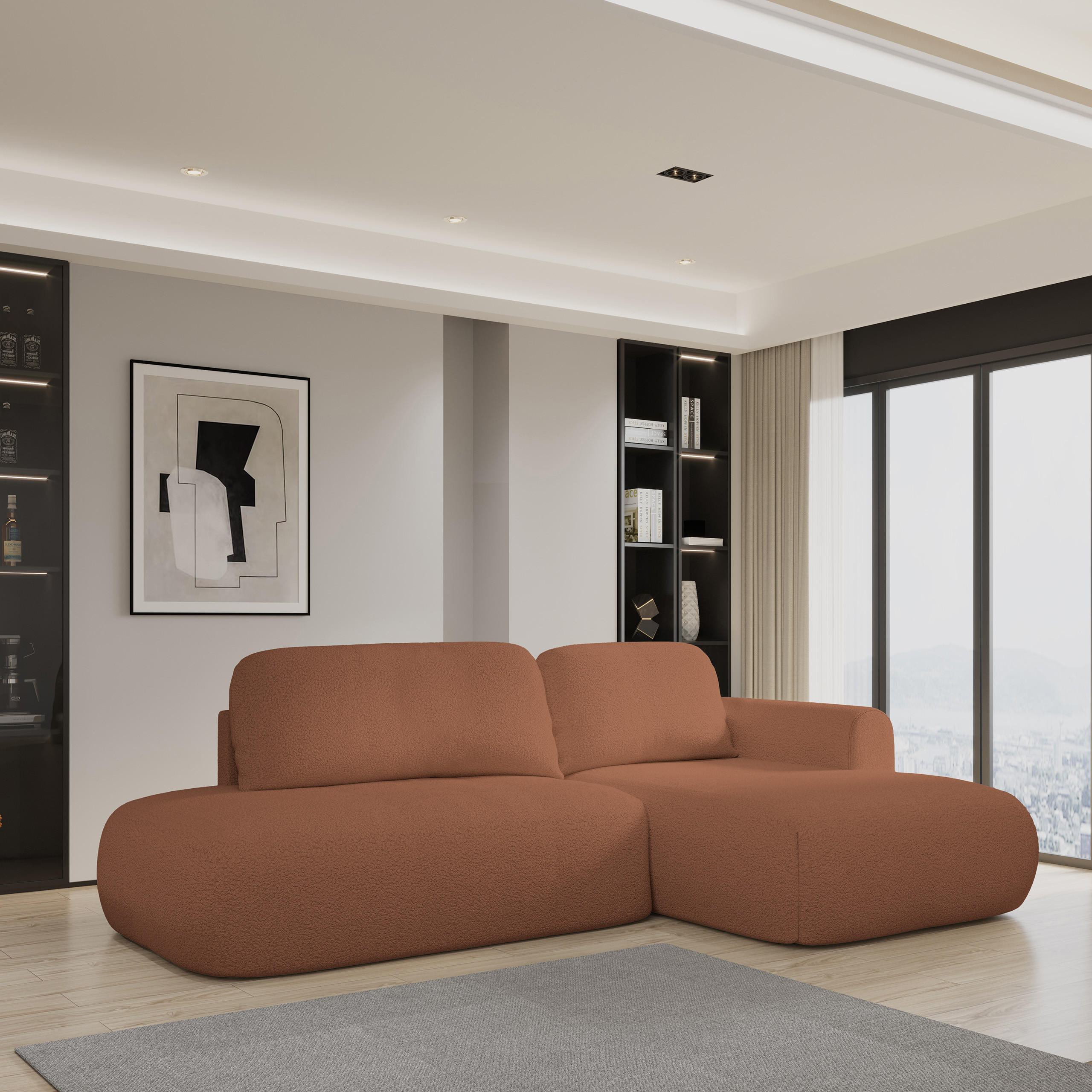 ECKSOFA NUVIRA R-S Kupferfarben Boucle-Stoff mit Schlaffunktion - Kupferfarben, Holz (274/165cm) - MASSENO