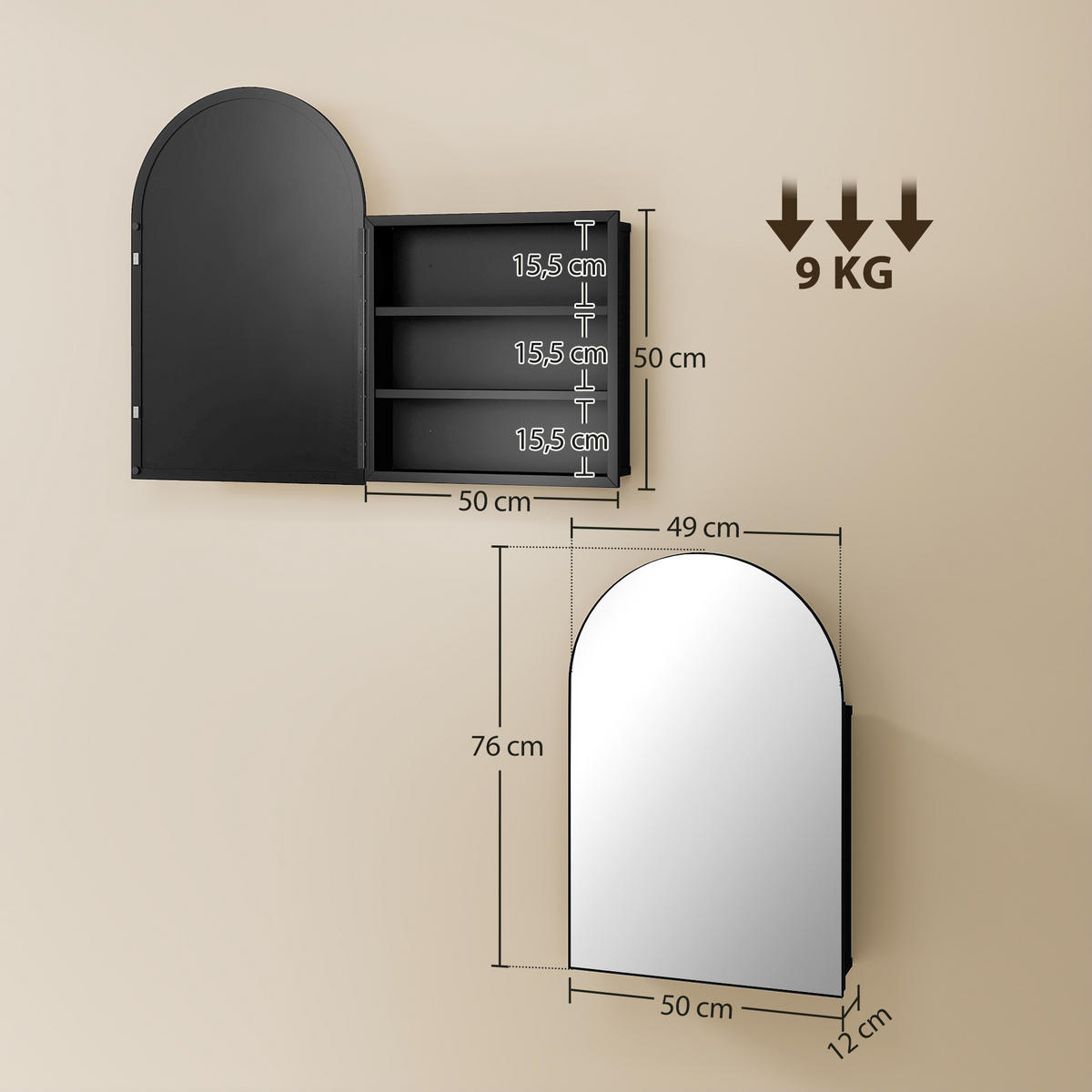 SPIEGELSCHRANK Gehärteter Aluminiumspiegel Metall Schwarz - Schwarz, Metall (12/76/50cm) - HOMCOM