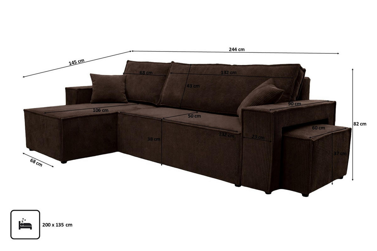 ECKSOFA Mit Schlaffunktion Und Pouf, Cordstoff Poso, Braun, Links, Best L Mit Pouf - Braun, Holz (244/145cm) - Kaiser Möbel