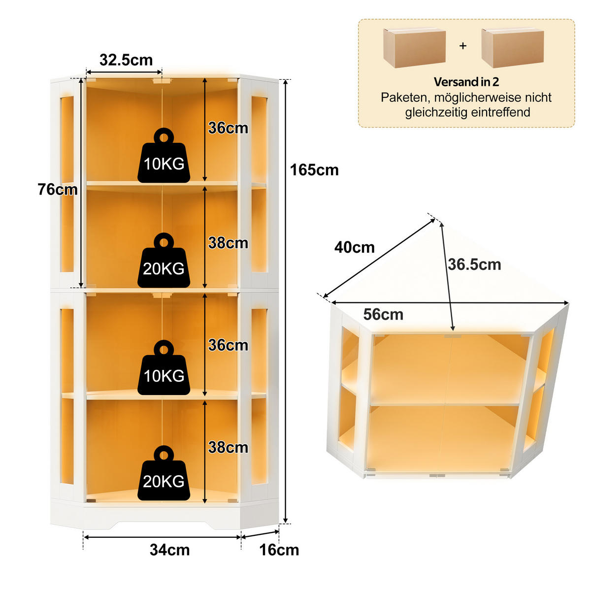 GESCHIRRSCHRANK 165 cm MDF Weiß mit RGB-LED, Glastüren und Weinregal - Weiß, Holzwerkstoff (40/165/40cm) - Korfee