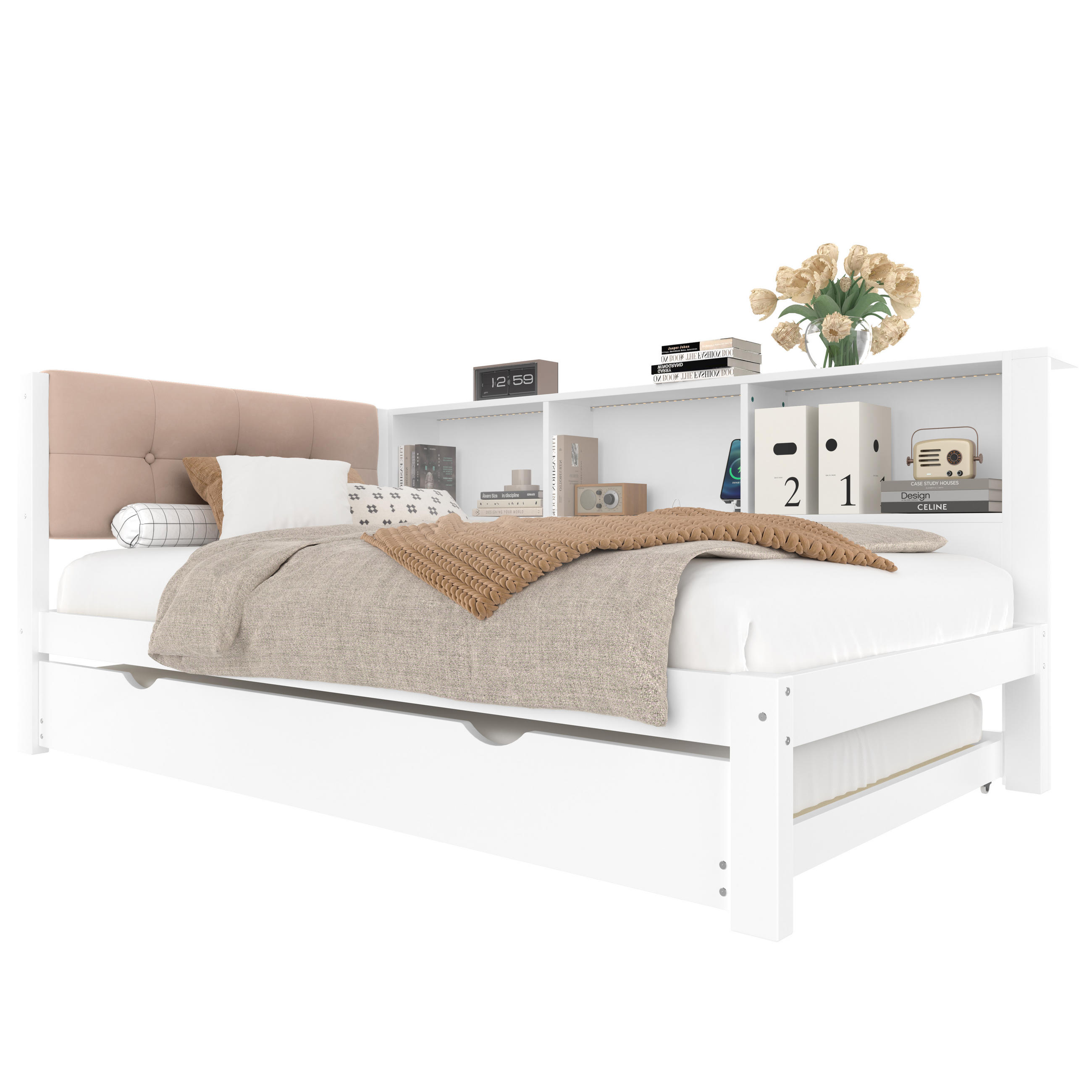 TAGESBETT 90/200 cm Weiß mit ausziehbarem Bett und LED-Beleuchtung aus Kiefernholz - Weiß, Holz (90/200cm) - OKWISH