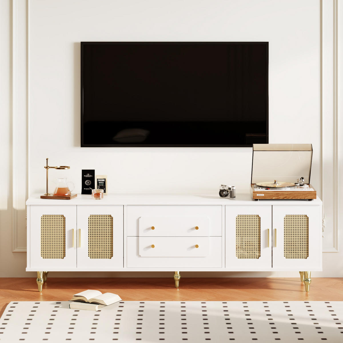 TV-LOWBOARD aus Spanplatte 175x38x55,5 cm Weiß mit PVC-Rattantüren und Push-to-Open-Schubladen - Weiß, Holzwerkstoff (175/55.5/38cm) - IVMEU