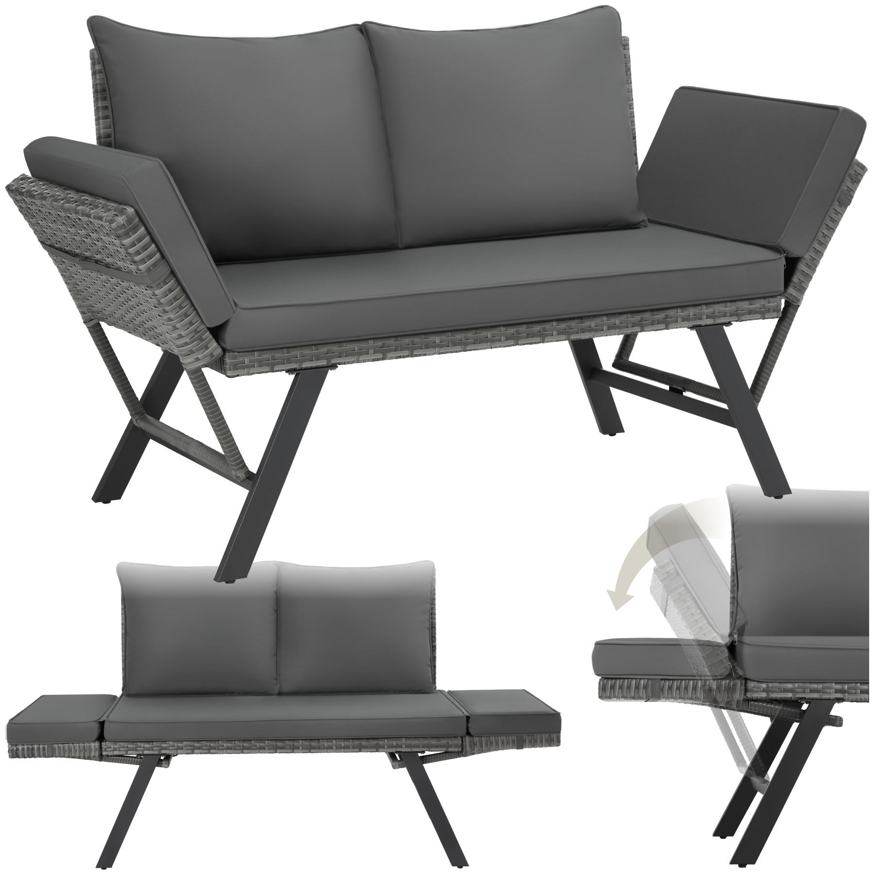 RATTAN-LOUNGESOFA Sintra,157 x 61 x 89 cm,grau - Grau, Kunststoff/Textil (157/89/61cm) - tectake