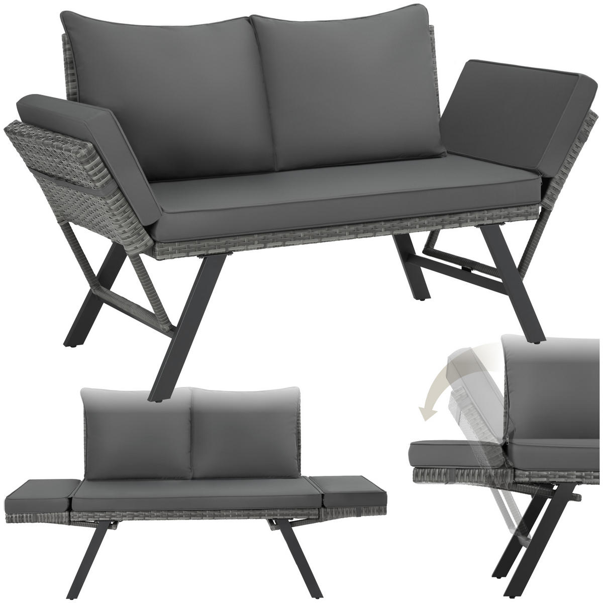 RATTAN-LOUNGESOFA Sintra,157 x 61 x 89 cm,grau - Grau, Kunststoff/Textil (157/89/61cm) - tectake
