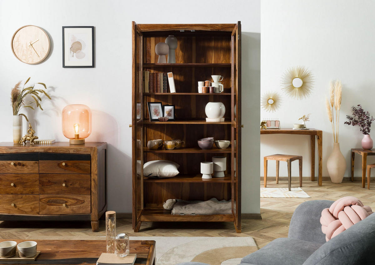 VITRINE Sheesham 100x45x195 dunkelbraun lackiert ANCONA #236 - Dunkelbraun, Holz (100/195/45cm) - Massivmoebel24