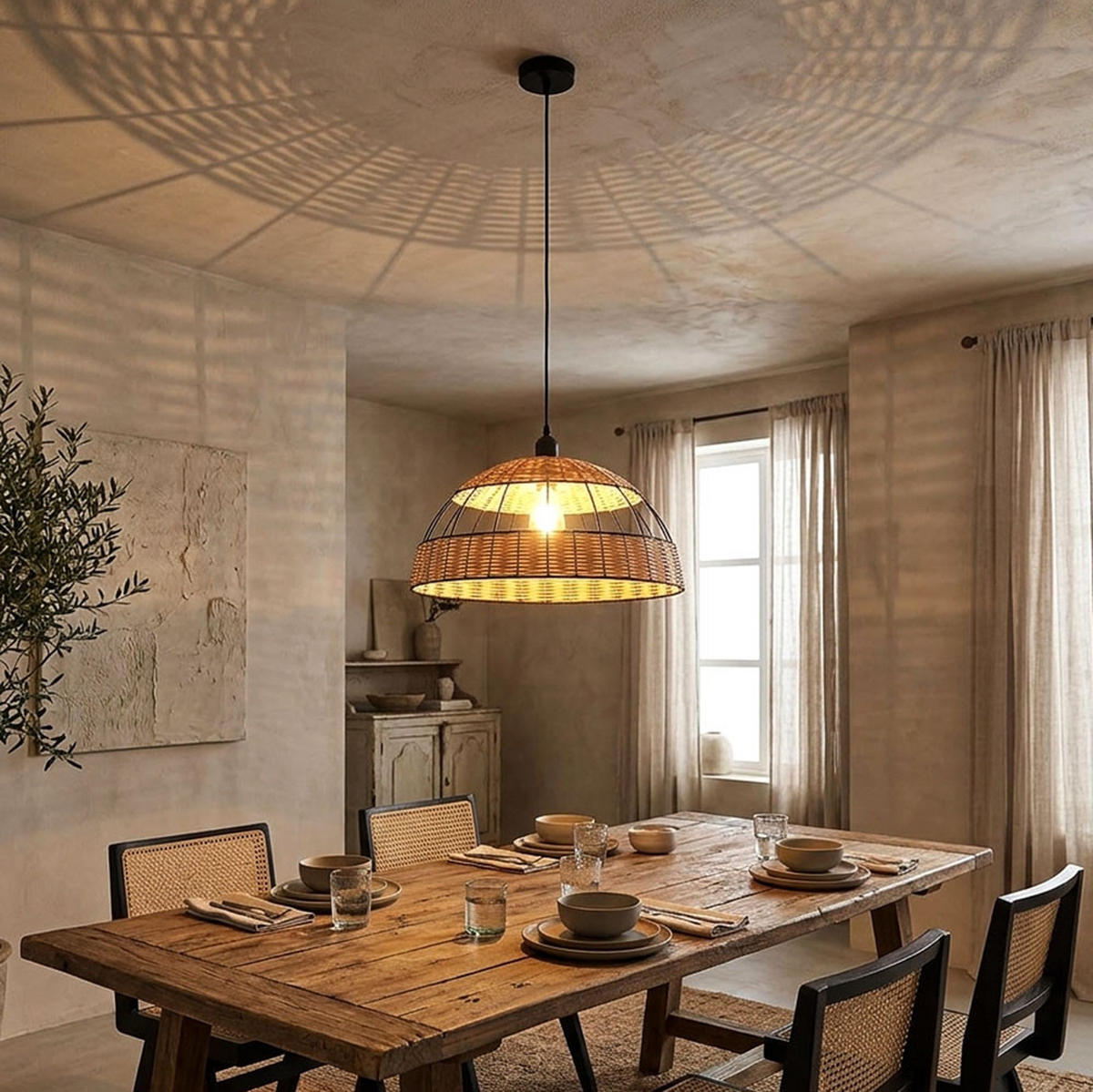 LED HÄNGELEUCHTE Rattan Braun Gitteroptik - Braun, Holz (40/40/120cm) - Globo Lighting