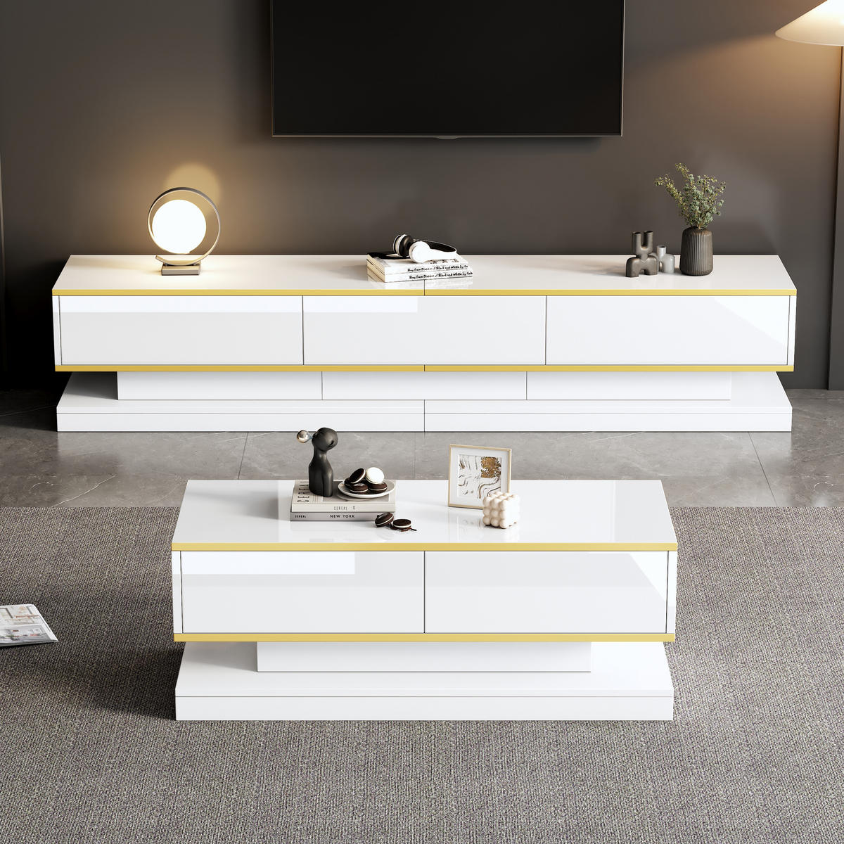 TV-SCHRANK SET Hochglanzweiß 3+2 Schubladen Goldbesatz mit Couchtisch - Weiß, Holz (59.18/14.2/112.5cm) - FLIEKS