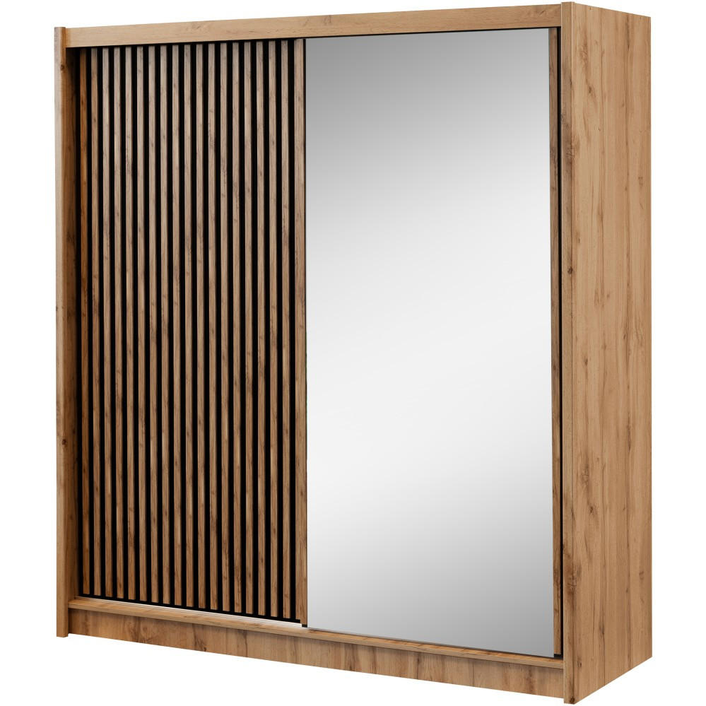 SCHWEBETÜRENSCHRANK Leroy mit Spiegel und Lamellen, 203 cm, Schwarz+eiche Wotan - Eiche Wotan/Schwarz, Holzwerkstoff (203/215/60.5cm) - Beautysofa