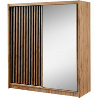 SCHWEBETÜRENSCHRANK Leroy mit Spiegel und Lamellen, 203 cm, Schwarz+eiche Wotan - Eiche Wotan/Schwarz, Holzwerkstoff (203/215/60.5cm) - Beautysofa