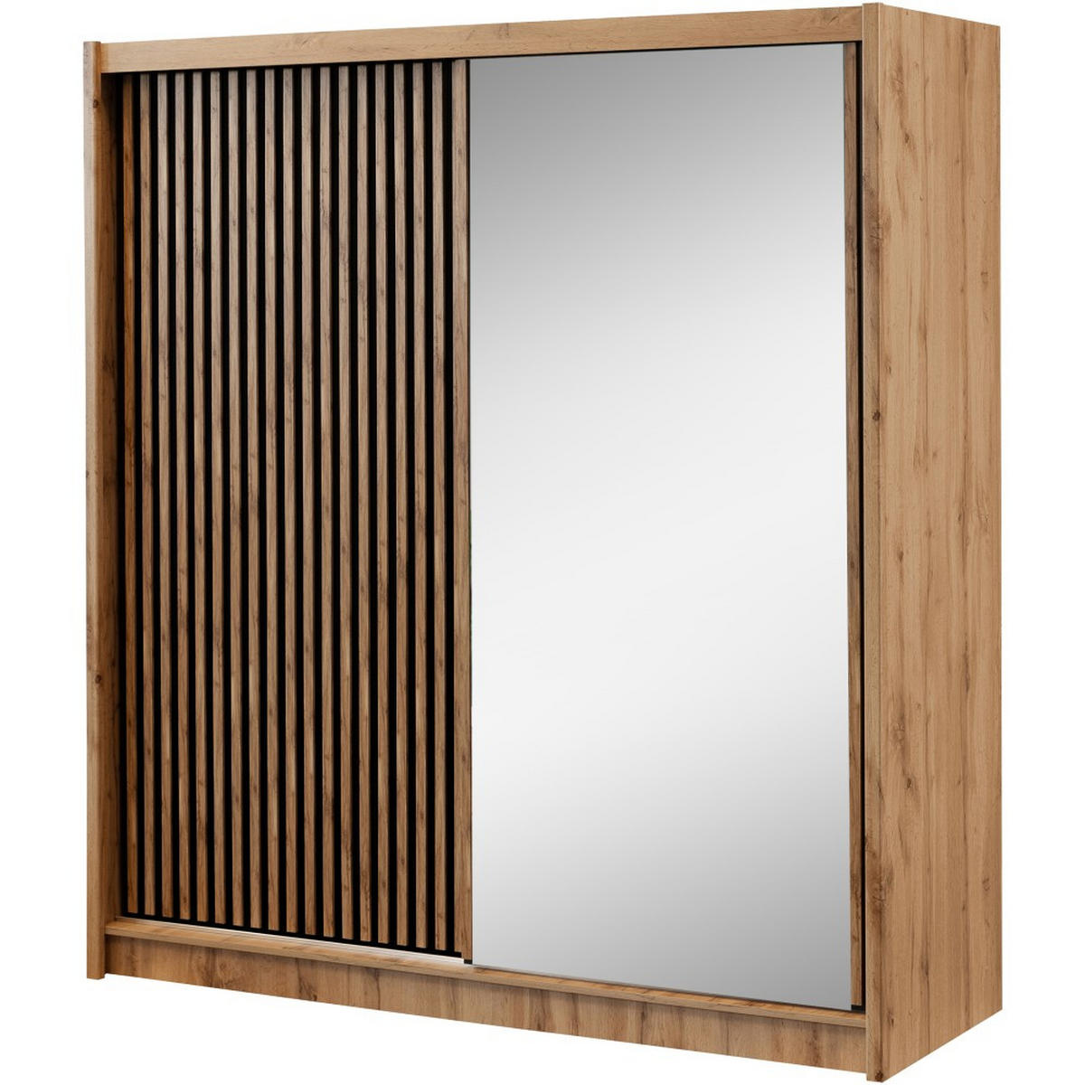 SCHWEBETÜRENSCHRANK Leroy mit Spiegel und Lamellen, 203 cm, Schwarz+eiche Wotan - Eiche Wotan/Schwarz, Holzwerkstoff (203/215/60.5cm) - Beautysofa