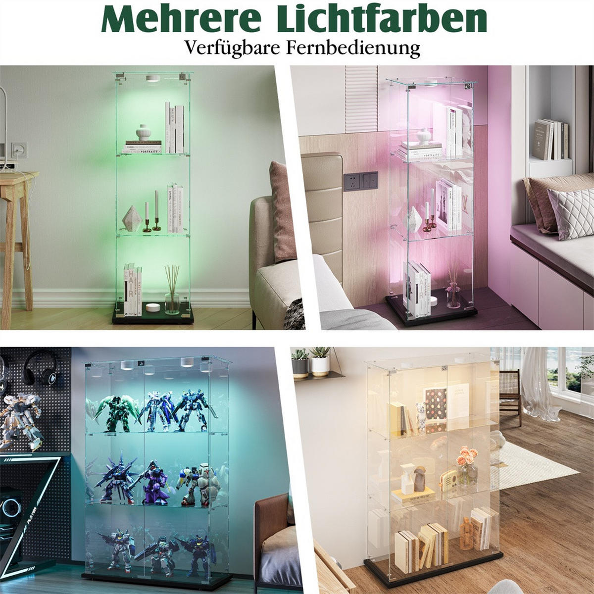 VITRINE - Glasvitrine mit 1 Tür - 3 Ebenen und LED-Beleuchtung - Schwarzer Boden - Schwarz, Glas (39.8/123.3/35cm) - DELFA