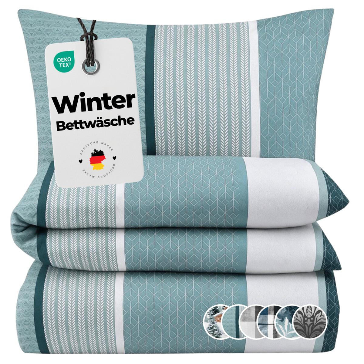 BIBER-BETTWÄSCHE 135x200 - Kuschelig warmer Flanell Winter Bettbezug - Streifen Muster - Grün, Textil (135/200cm) - Carpe Sonno