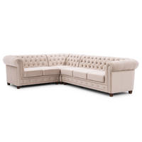 ECKSOFA mit Schlaffunktion Chesterfield Beige Samt mit Kristallsteppung und braunen Massivholzfüßen - Ottomane Links - Beige/Braun, Holz/Textil (264/210cm) - S-Style Möbel