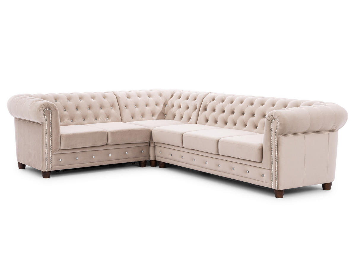 ECKSOFA mit Schlaffunktion Chesterfield Beige Samt mit Kristallsteppung und braunen Massivholzfüßen - Ottomane Links - Beige/Braun, Holz/Textil (264/210cm) - S-Style Möbel