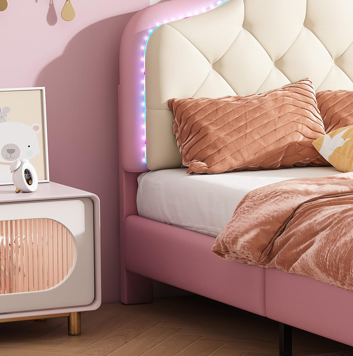 POLSTERBETT 90/200 cm Rosa mit LED-Beleuchtung und wolkenförmigem Kopfteil aus PU - Weiß, Kunststoff (90/200cm) - OKWISH