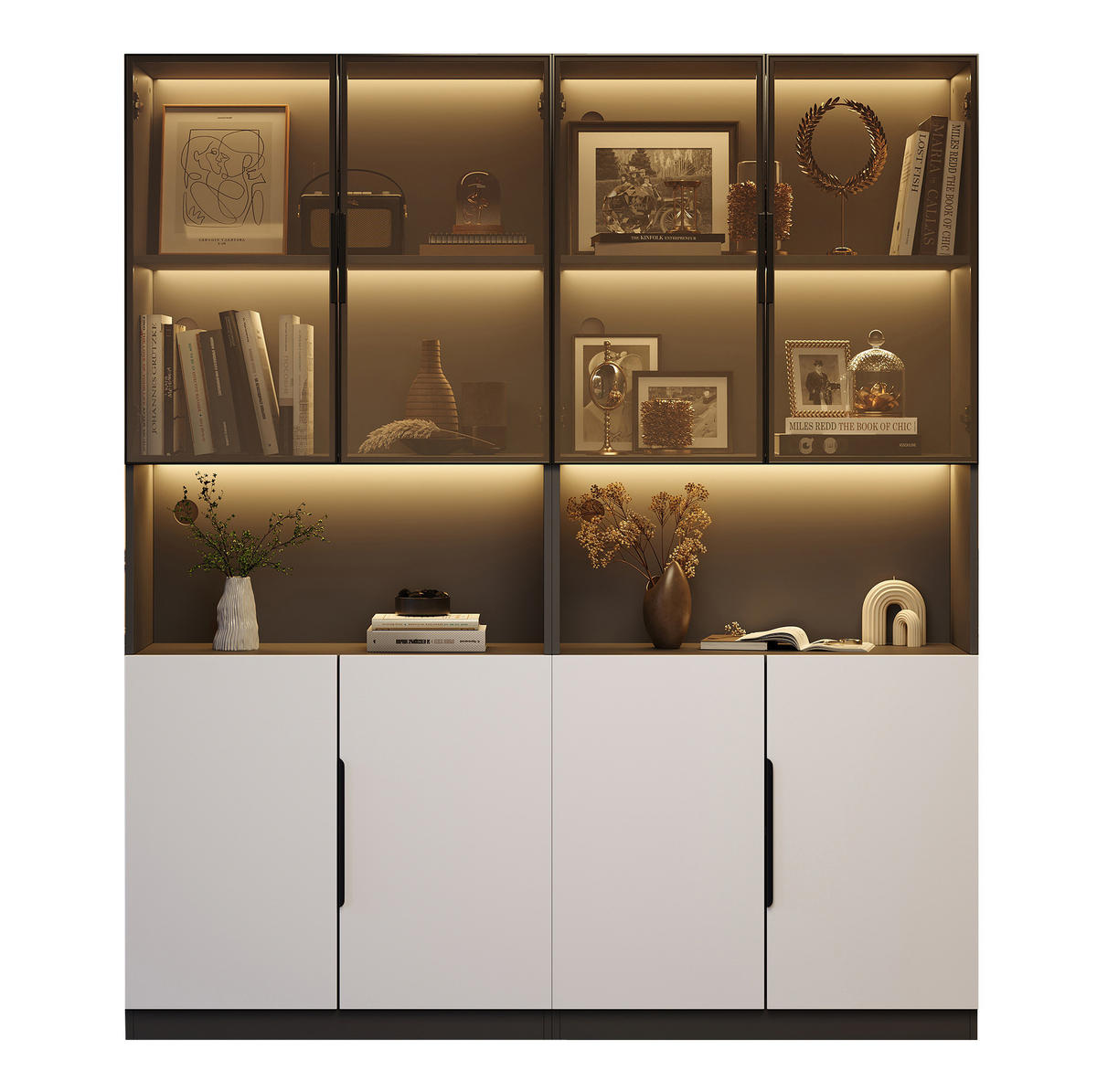 VITRINE aus Spanplatte 160x30x200 cm Weiß/Schwarz mit LED-Beleuchtung, Glastüren und Stauraum - Weiß, Holzwerkstoff (30/200/160cm) - IVMEU