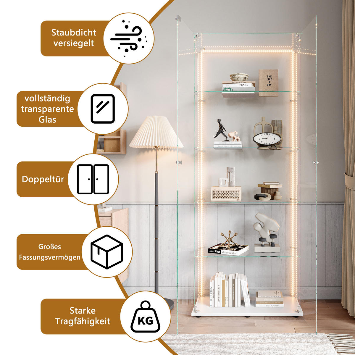VITRINE 2 Türen, 5 Einlegeböden, LED Band, Glas, mobil, Stauraum optimal, weiß - Weiß, Glas (78.51/186.5/34.5cm) - EuroLiving
