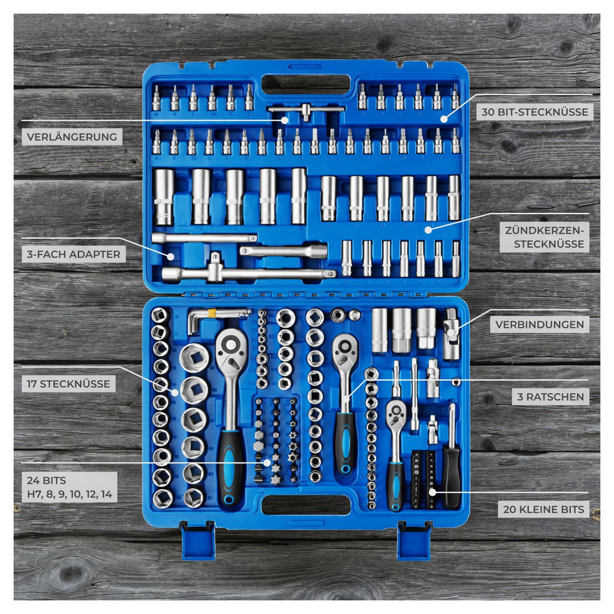 STECKSCHLÜSSELSATZ, übersichtliche Anordnung im Kunststoffkoffer,blau - Blau, Metall (46.5/33.5/9cm) - tectake