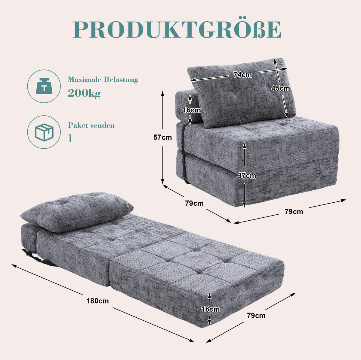 ROZKLÁDACÍ pohovka šedá z žinylky s opěrkou hlavy a bederním polštářem - šedá, textil (79/57/79cm) - OKWISH