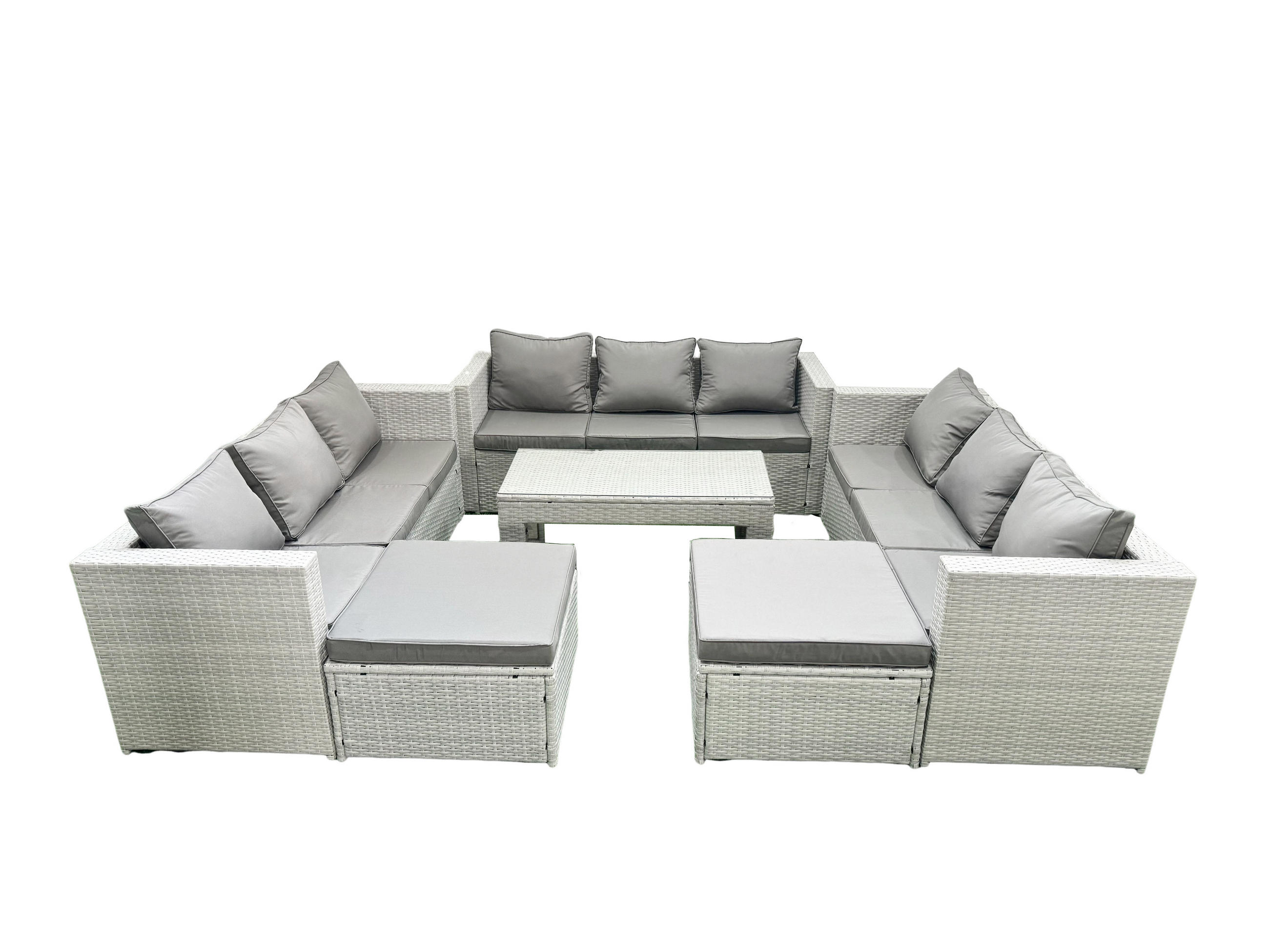 BALKONMÖBEL-SET Polyrattan Hellgrau-Mix 11-teilig - Hellgrau/Grau, Glas/Kunststoff - Fimous