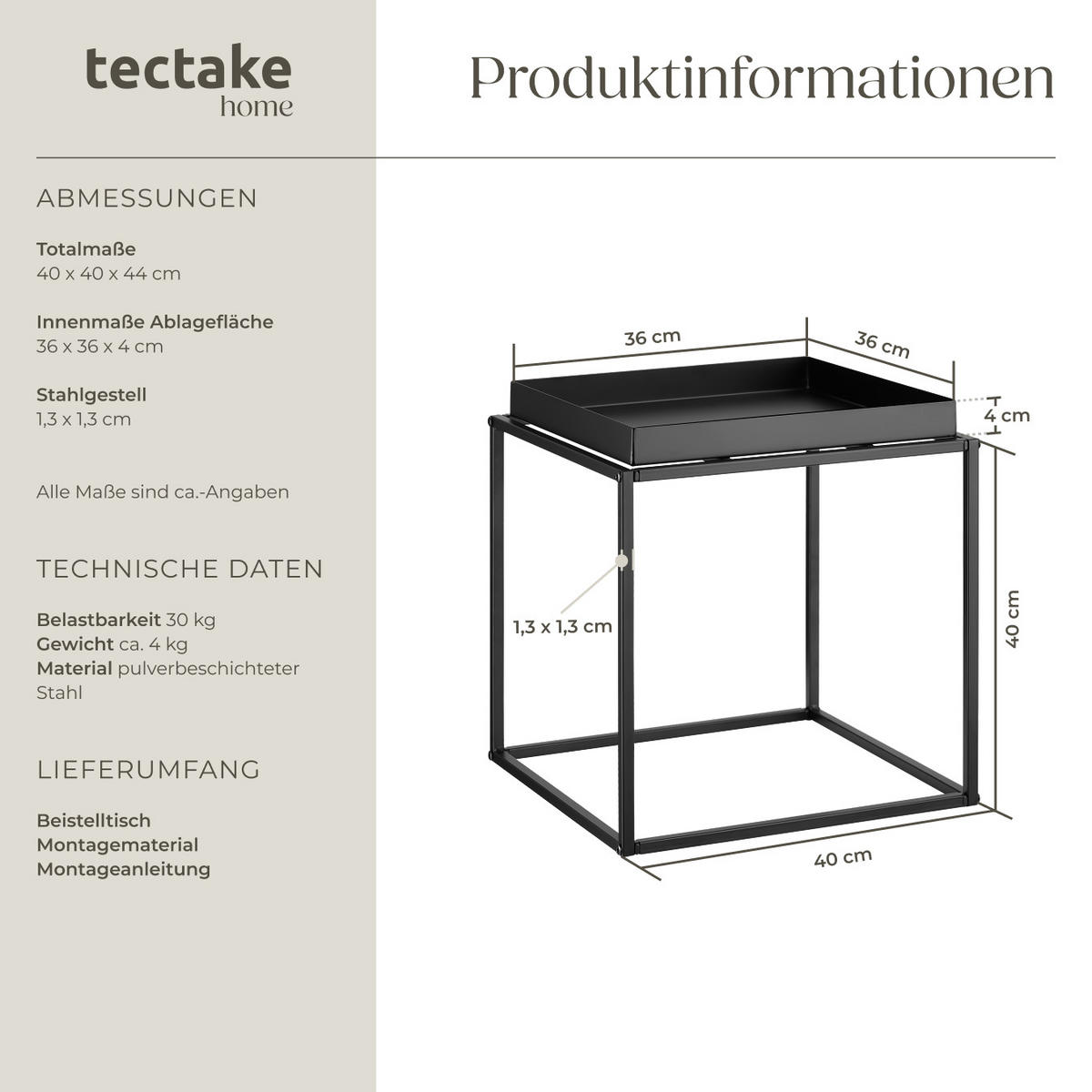 BEISTELLTISCH Cambridge,40 x 40 x 44 cm,schwarz - Schwarz, Metall (40/40/44cm) - tectake