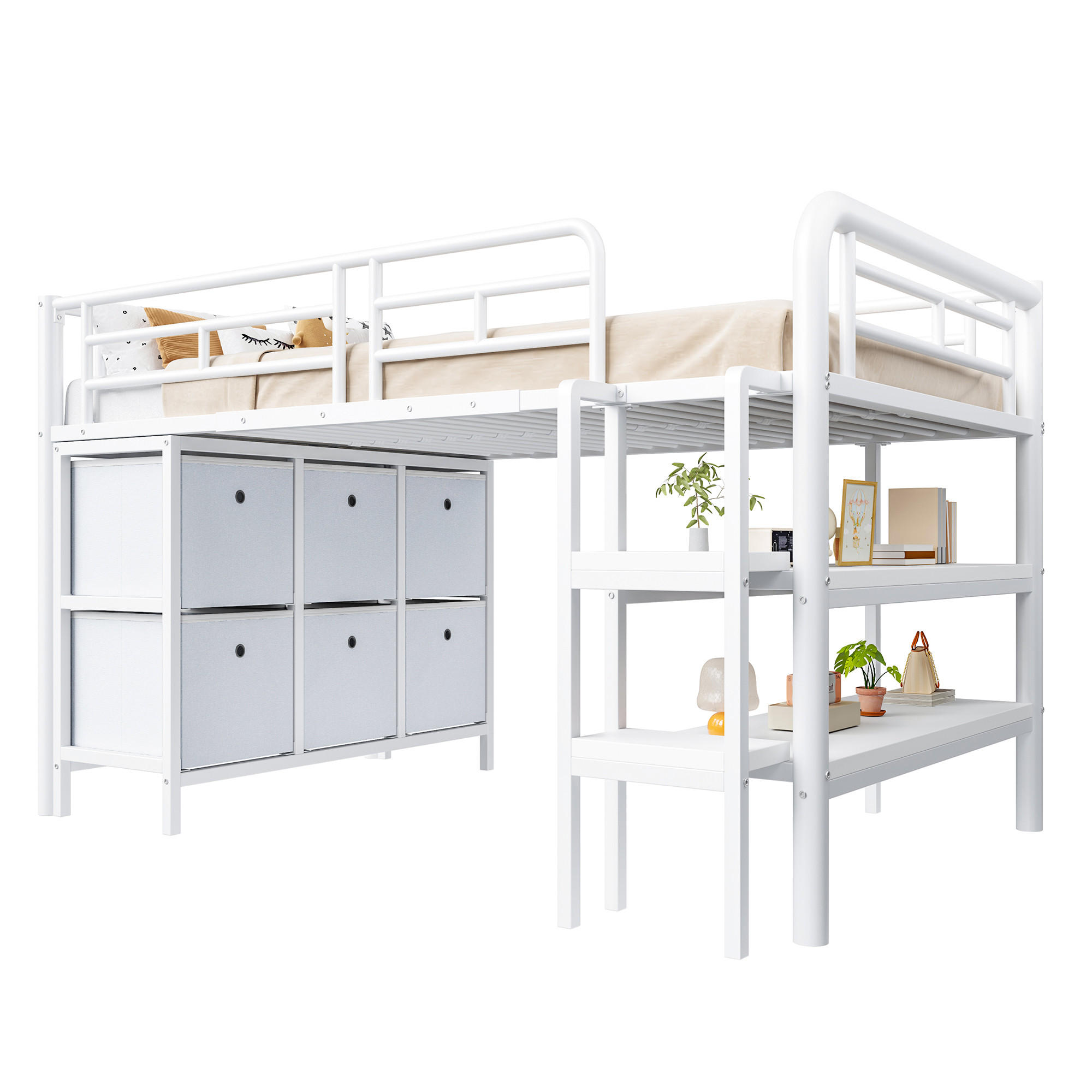 HOCHBETT 90/200 cm in Weiß mit Schubladen, Regal und breiten Stufen - Weiß, Holzwerkstoff/Metall (90/200cm) - CHICFURN