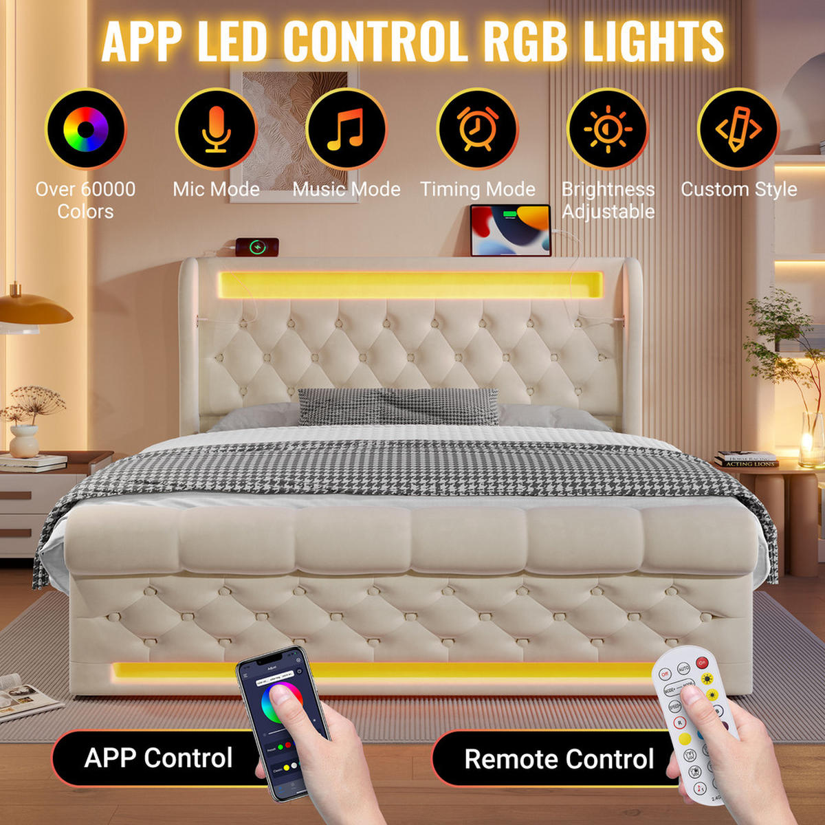 POLSTER DOPPELBETT 160x200cm mit LED USB-C & Hydraulik Stauraum Beige - Beige, Holz (160/200cm) - FLIEKS