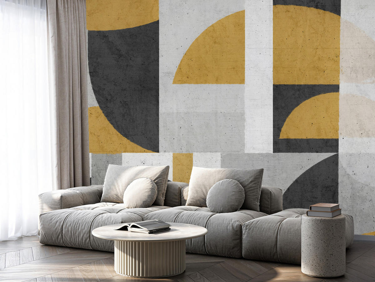 FOTOTAPETE für Wohnzimmer Abstrakte Geometrische Muster Formen 300x210 - Gelb/Schwarz, Papier (300/210cm) - Muralo