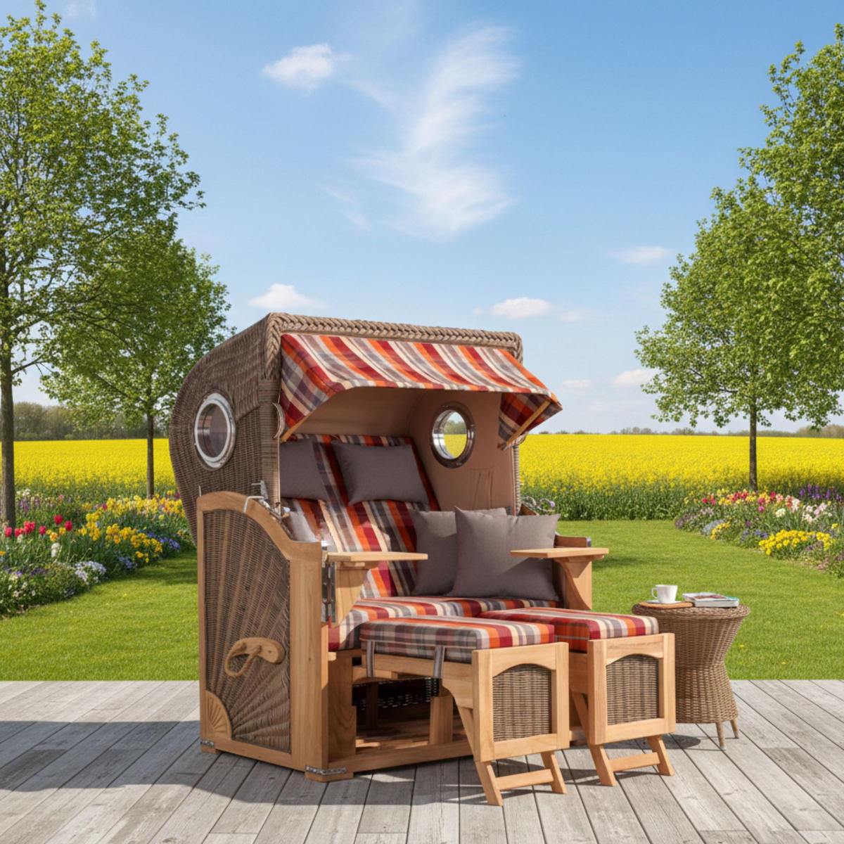 STRANDKORB Düne 2 Sitzer Teak PE Grey - Rot/Multicolor, Holz/Metall (125/170/80cm) - Mr. Deko