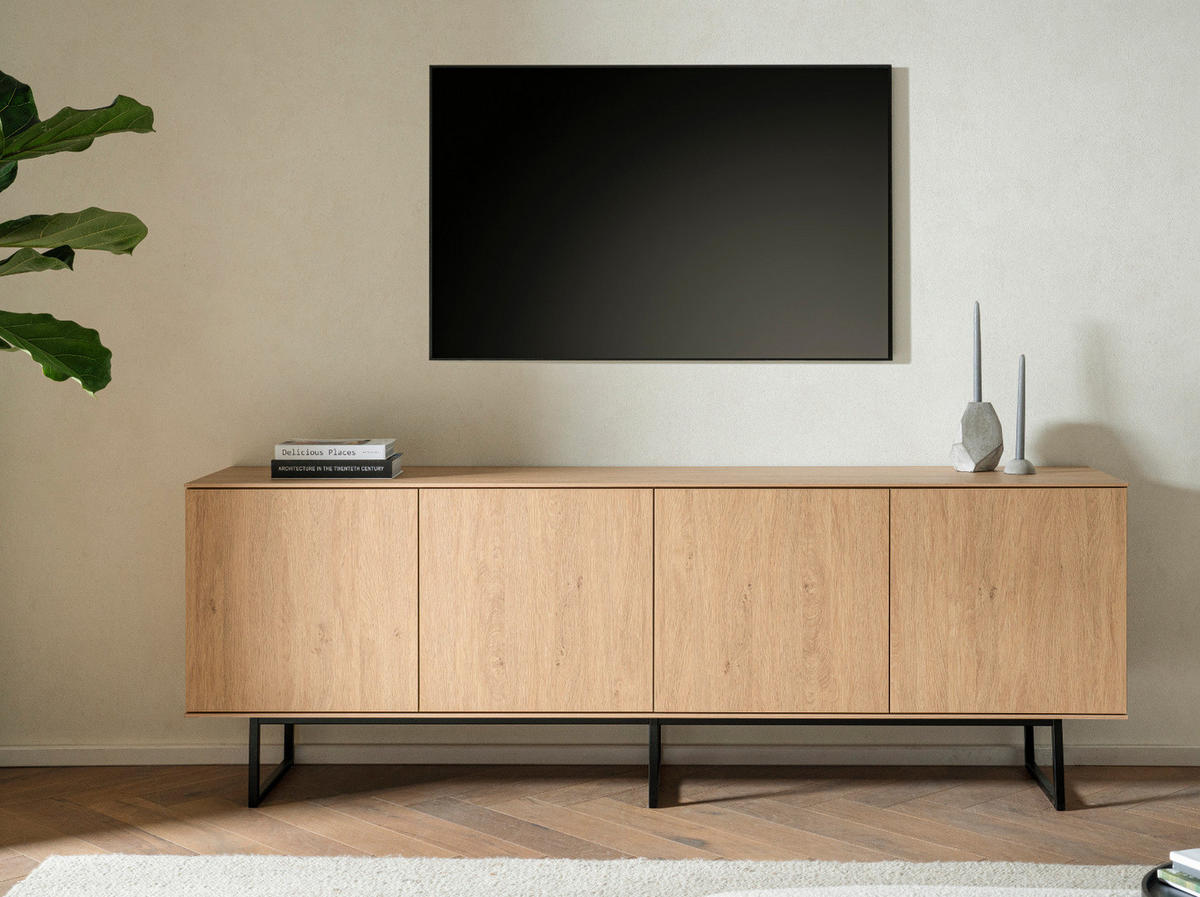 TV-LOWBOARD Stone Eiche 200 x 70 cm, TV-Unterteil mit Push-to-Open und Komforthöhe - Eichefarben/Schwarz, Holzwerkstoff/Metall (200/70/40cm) - Furn.Design
