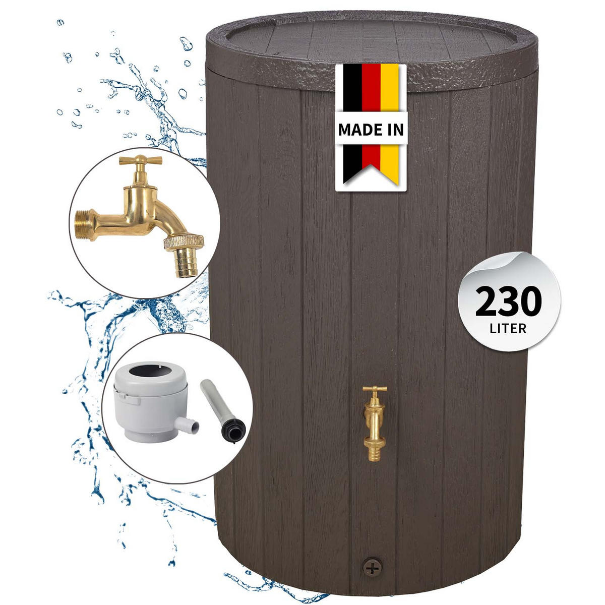 REGENTONNEN Komplett-Set 230 L braun inkl. Messing-Auslaufhahn und Fallrohranschluss - Braun, Kunststoff (57/93/59cm) - GARANTIA