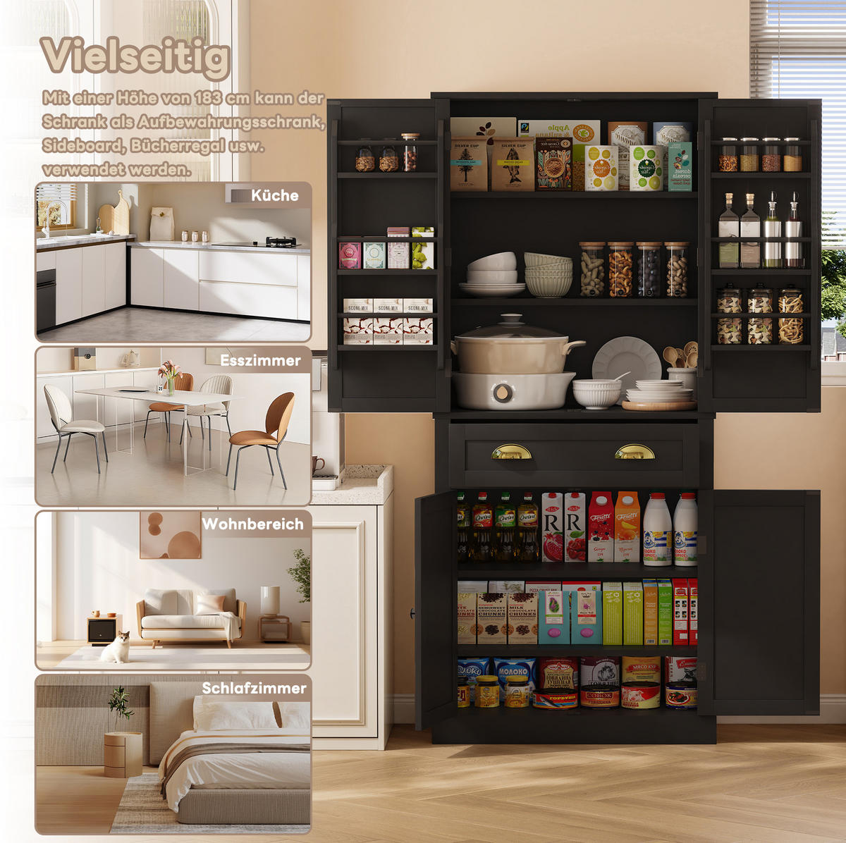 BUFFETSCHRANK 80/40/182 cm aus MDF mit 4 verstellbaren Einlegeböden, 4 Türen und Schublade, Schwarz - Schwarz, Holzwerkstoff (80/182/40cm) - Redom
