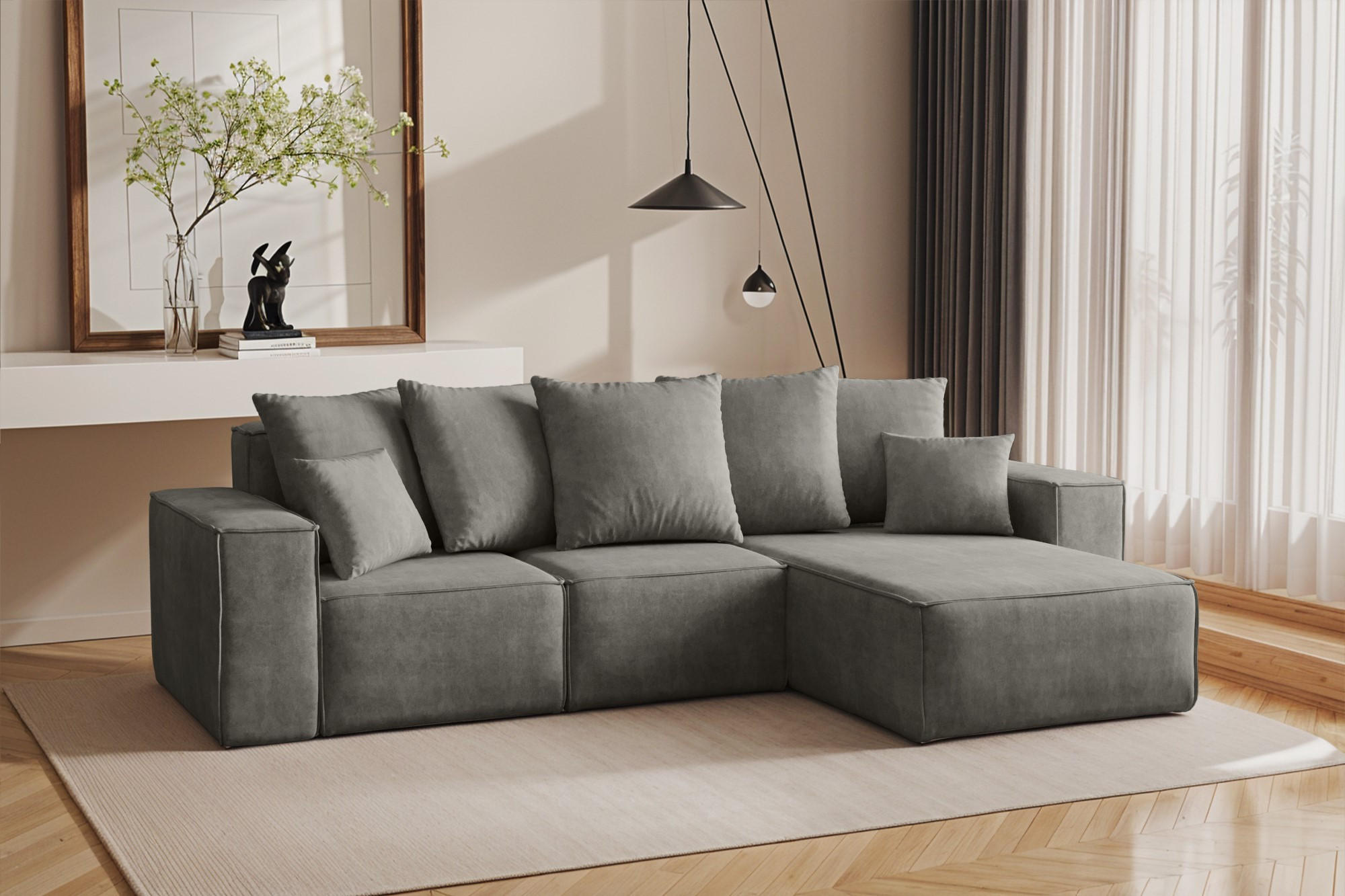 ECKSOFA L-Form Premium Kollektion ELLA Stoff Velours Noel Grau Rechts - Grau, Holz/Textil (262/168cm) - Kaiser Möbel