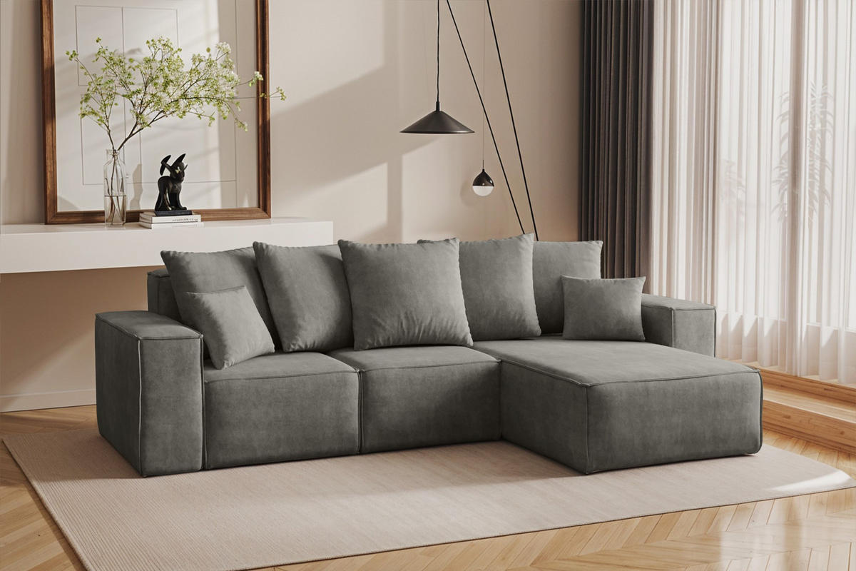 ECKSOFA L-Form Premium Kollektion ELLA Stoff Velours Noel Grau Rechts - Grau, Holz/Textil (262/168cm) - Kaiser Möbel
