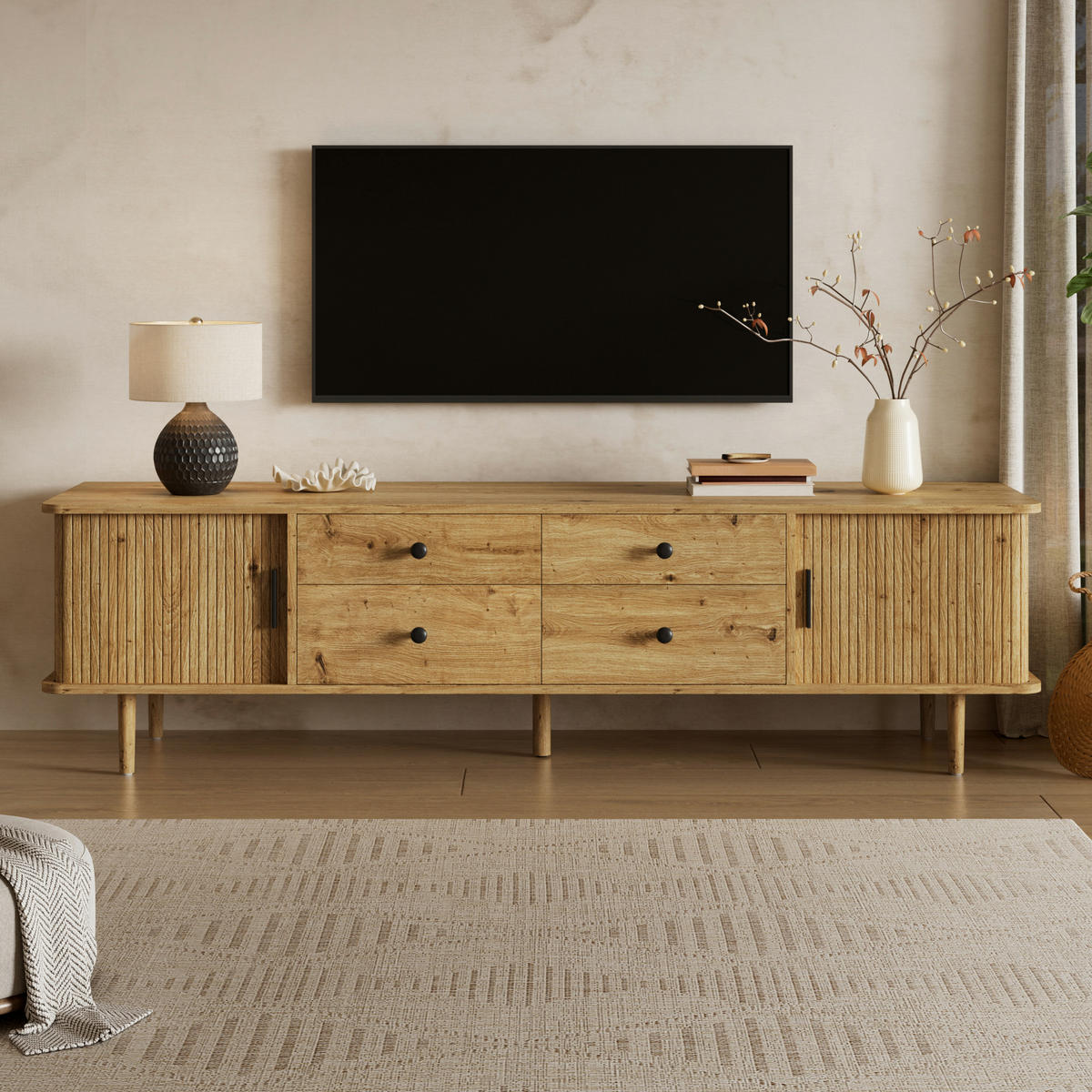 TV-LOWBOARD 165cm mit 4 Schubladen und 2 Schiebetüren - Naturfarben, Holzwerkstoff (165/46/40cm) - FLIEKS