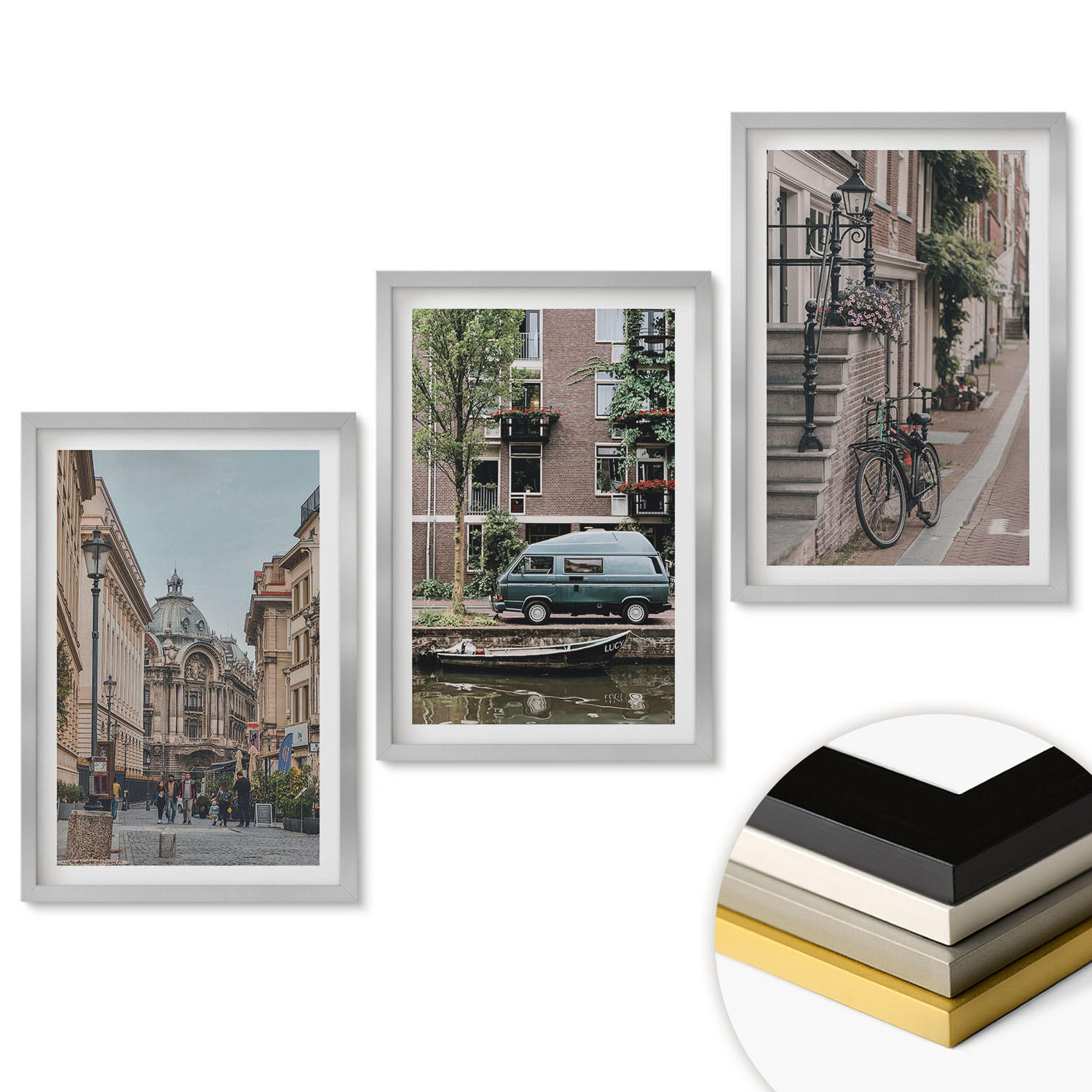 WANDBILDER 3er Set - 40x60 cm Silberner Rahmen - Stadtansichten von Gebäuden - Silberfarben, Kunststoff (40/60cm) - ArtPrintCave